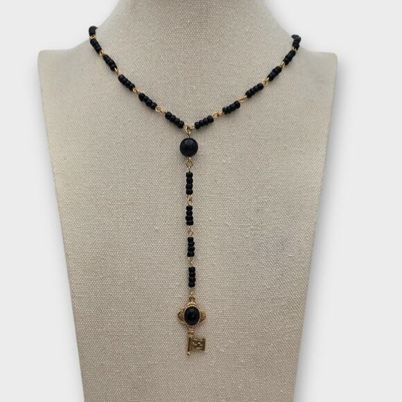 Black Beaded Y-Drop Key Necklace 1928 Brand Gold Vintage Gothic Revival Style - Picture 1 of 8